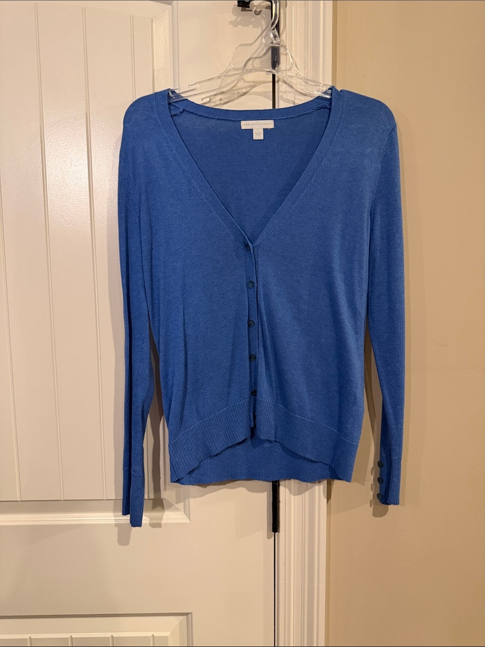 New York & Company Blue V-Neck Button Cardigan